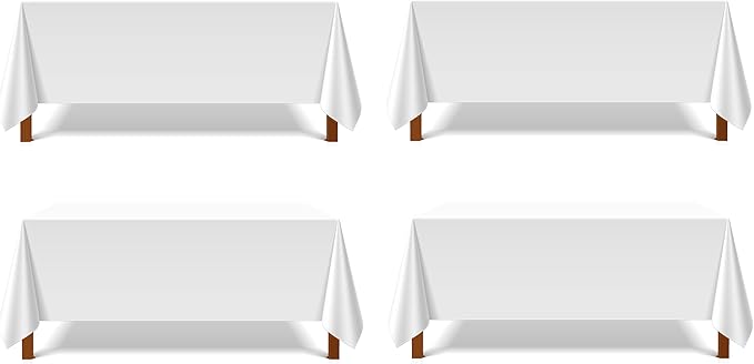 Pomp Pure White 90" x 156" Poplin Polyester Tablecloth (4 Pack) | Wrinkle + Stain Resistant Easy Care Premium Fabric | Fits 8FT Rectangle Table