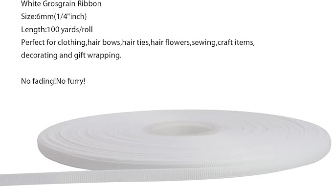 Jesep One Roll 100 Yards 1/4" Soild Grosgrain Ribbon Boutique Gift Wrapping Package Ribbon, DIY Crafts Bow Hair Headband Accessories Assorted Ribbon#29 (1/4" 6mm, White)
