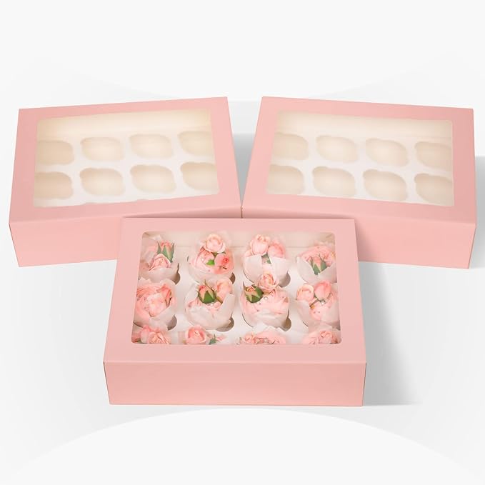 12 Cupcake Containers 20-Packs Pink Cupcake Box Cupcakes Carrier, 12 Cupcake Boxes with Window 13"x10"x3.5"（Auto-pop up）