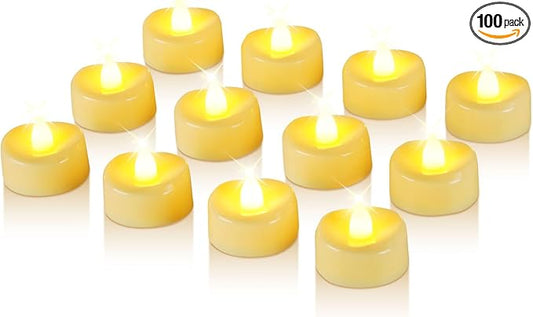 Raycare 100 Pack LED Tea Lights Battery Operated, 200+Hour Flickering Votive Candles, Realistic Fake Flameless TeaLights for Wedding Party Halloween Thanksgiving Christmas Decorations,Ivory Base