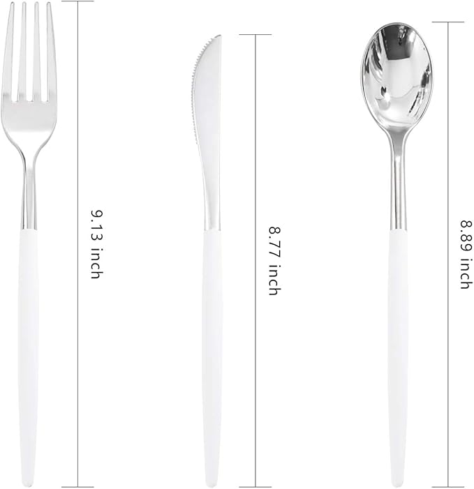 WELLIFE 144 Pack Silver Plastic Cutlery, Disposable Silver Flatware Includes： 48 Forks, 48 Knives and 48 Spoons, Suitable for Parties and Wedding for Wedding