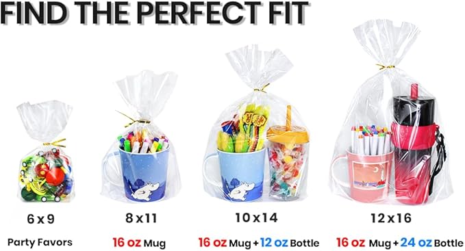 PigPotParty 10"x 14", 100Pcs Bottom Gusset Bags, Clear Plastic Gift Bags, Cellophane Mug Treat Goodie Bags with 100x Twist Ties, Large Party Favor Packaging, Toy Wrapping (No Side Gusset)