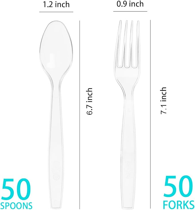 100 Count Plastic Silverware, Heavy Weight Plastic Forks Spoons Disposable Utensils Cutlery Set for Wedding Party Supplies Everyday Use