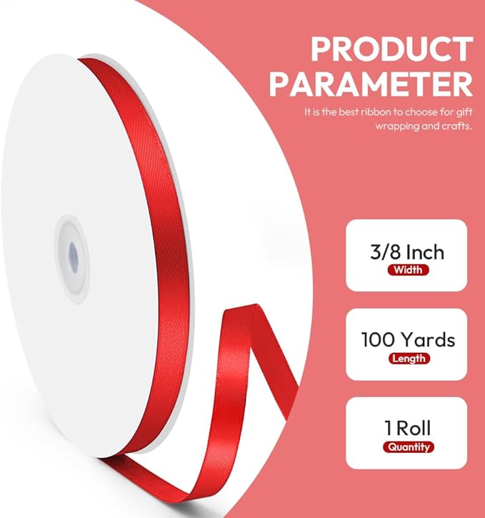 3/8" x 100 Yards Satin Ribbon - Red Silk Ribbon with Spool - Ideal for Gift Wrapping, Floral Bouquets, Crafts, Wedding Party Decorations, Christmas and Sewing Projects