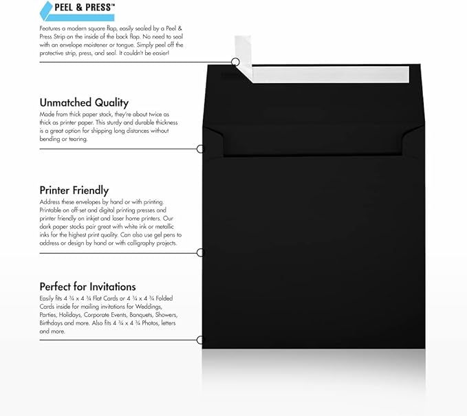LUXPaper Square Invitation Envelopes | Peel & Press | 5" x 5" | Midnight Black | 80lb. Text | 50 Qty
