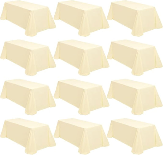 12 Packs 90 x 132 Inch Tablecloth, Beige Polyester Table Cloth for 6ft Rectangle Tables, Washable Fabric TableCover for Wedding Banquets Parties Buffet Dining Table