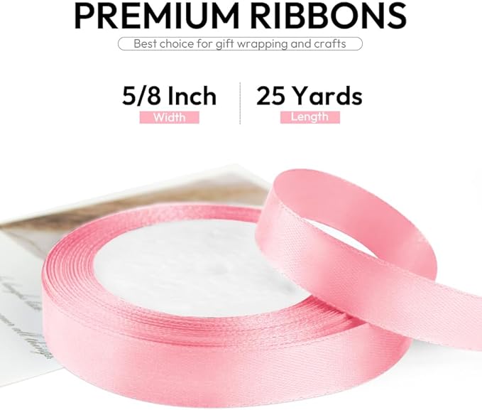 5/8 Inch 25 Yards Satin Ribbon Light Pink, Solid Color Fabric Ribbon for Gift Wrapping, Wedding, Polyester Gift Ribbon for Birthday Party Decoration, Craft, Hair, Floral, Sewing