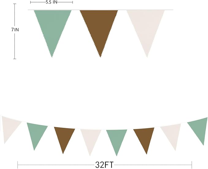 32Ft Sage Green Brown Party Decorations Retro Colored Triangle Flag Fabric Banner Pennant Bunting Garland Streamers for Birthday Wedding Baby Shower Jungle Safari Summer Christmas Outdoor Party Decor