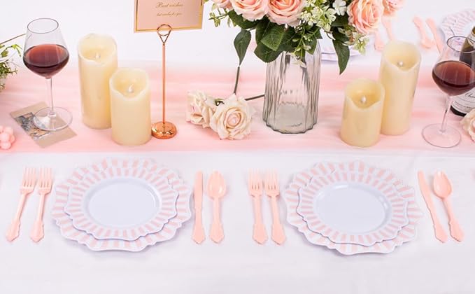 COLOSUS 150pcs Disposable Pink and White Stripped Plastic Plates and Silverware set, Light Pink Dinner/Dessert Plates silverware serve 30guests for Easter day, Wedding Party and Daily use.