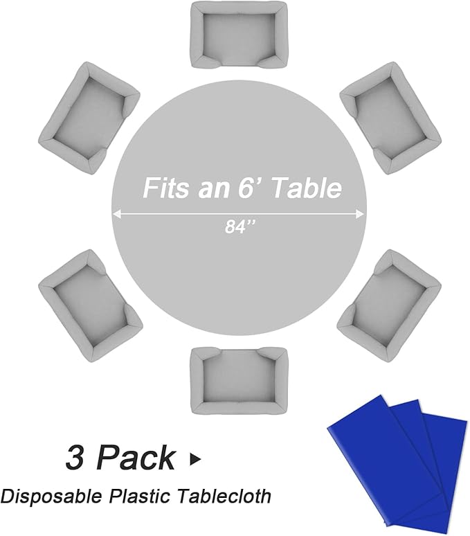 QIKSION Dark Blue Round Tablecloth 3 Pack, 84 Inch Plastic Table Cover Disposable for Parties