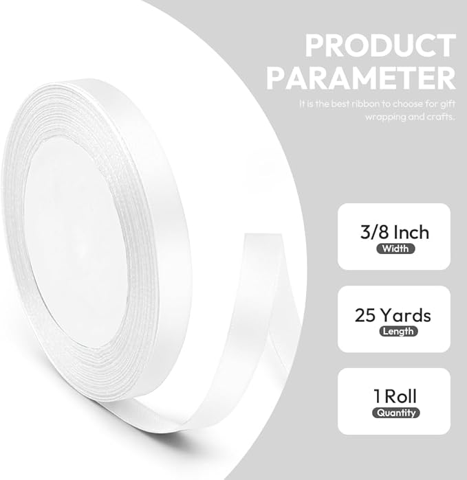 3/8" x 25 Yards Satin Ribbon, White Silk Ribbon Ideal for Gift Wrapping, Floral Bouquets, Crafts, Wedding Party Decorations, Christmas and Sewing Projects