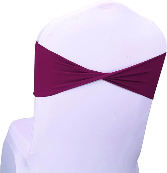 MDS Pack of 50 Spandex Chair Sashes Bows Elastic Stretch Dining Chair Bands Ties Without Slider Buckle Universal fits for Wedding Baby Shower Birthday Party Banquet Event Decoration - Eggplant