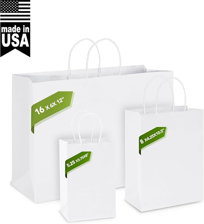 MESHA 100 Pack White Gift Bags 8x4.25x10.5 Inch Kraft Paper Bags with Handles Bulk Craft Bag Medium Size for Wending Birthday Party Favor Retail Merchandise Bag