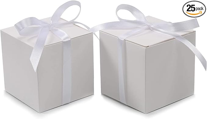 COTOPHER 25pcs Wedding Favor Boxes, Paper Gift Boxes 3x3x3 Inches Small Gift Boxes with Ribbons for Gifts, Crafting, Cupcake, Candy, Bridesmaid Proposal
