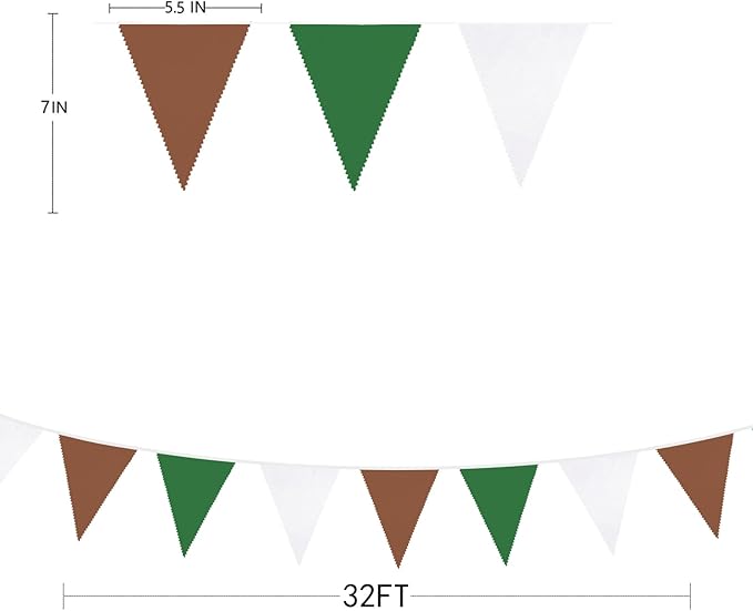 32Ft Green Brown White Party Decorations Brown Green Pennant Banner Fabric Triangle Flag Bunting Garland Streamers for Football Camping Birthday Baby Shower Jungle Safari Rugby Sport Party Decor