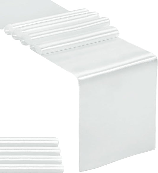 5-Pack Satin Table Runner Silver 12 x 108 inches Long, Table Runners for Wedding, Birthday Parties, Banquets Decorations（5 Pack, 12x108 Inch, Silver）