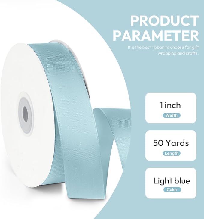 1" x 50 Yards Satin Ribbon - Light Blue Silk Ribbon with Spool - Ideal for Gift Wrapping, Floral Bouquets, Crafts, Wedding Party Decorations, Christmas and Sewing Projects