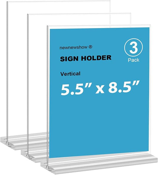 newnewshow Acrylic Sign Holder 5.5x8.5 Inch 3 Pack Vertical T Shape Double-Sided Desktop Display Holder. (Optional 8.5x11 8.5x5.5 5x7 Horizontal and Vertical)