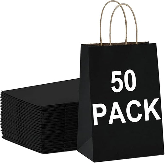 BAG BOX 50 Pack Small 5.9x3.1x8.25 Inch Black Kraft Paper Gift Bags with Handles for Bulk Shopping, Retail, Craft, Party Favors, Wedding, Grocery & Sacks