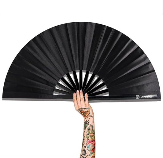 13" Large Rave Fan Bamboo, Folding Clack Hand Fans Foldable for Men Women, Boots on the Ground Poping Fan for EDM Festival Line Dance Decoration, (Black2, Large 13")
