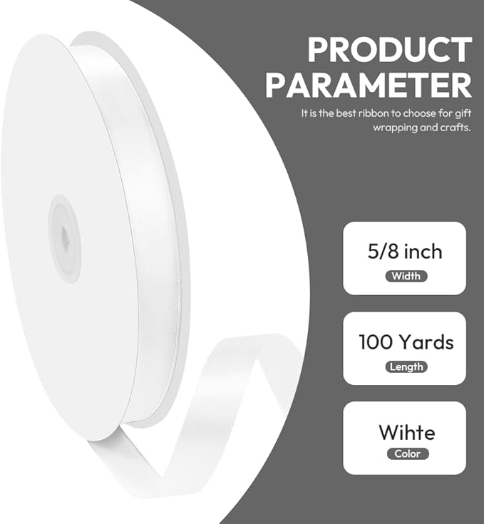 5/8" x 100 Yards Satin Ribbon - White Silk Ribbon with Spool - Ideal for Gift Wrapping, Floral Bouquets, Crafts, Wedding Party Decorations, Christmas and Sewing Projects