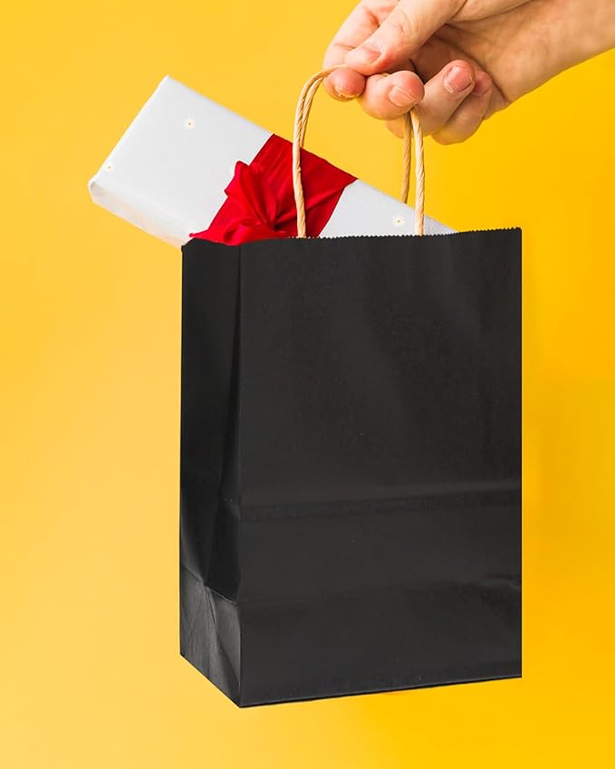 Bakepacker 100 Pcs Black Mini Paper Gift Bags with Handles 6"x4.5"x2.5" Kraft Party Favor Bags Multiple Uses (Mini size)
