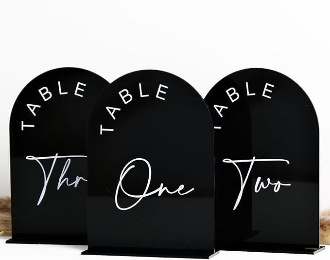 Black Arched Wedding Table Numbers 1-20 with Stands, 5x7 Inch Black Acrylic Arch Sign with Holder, Arch Acrylic Table Numbers for Wedding Reception (1-20, 5"x7")