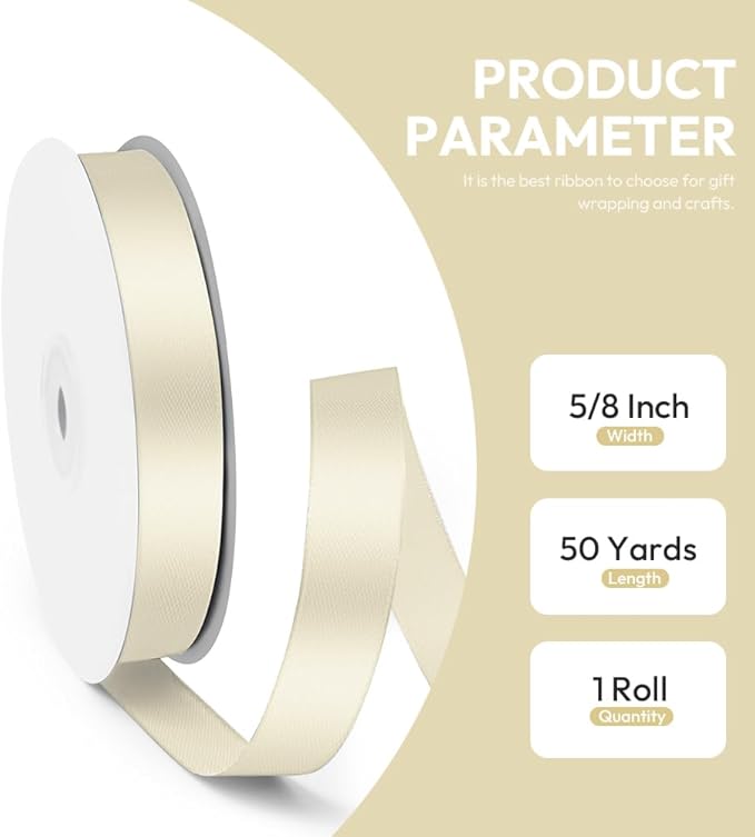 5/8" x 50 Yards Satin Ribbon - Ivory Silk Ribbon with Spool - Ideal for Gift Wrapping, Floral Bouquets, Crafts, Wedding Party Decorations, Christmas and Sewing Projects