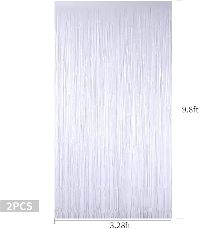 TONIFUL 2Pcs White Metallic Tinsel Foil Fringe Curtains,White Photo Booth Backdrop Streamer Curtain Photo Booth Props for Bachelorette Party,Birthday,Graduation,Christmas Decor(6.6ft x 9.9ft)