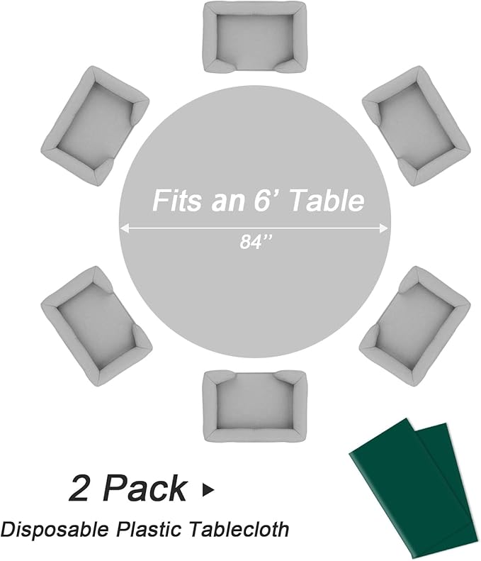 QIKSION Dark Green Round Tablecloth 2 Pack, 84 Inch Plastic Table Cover Disposable for Parties