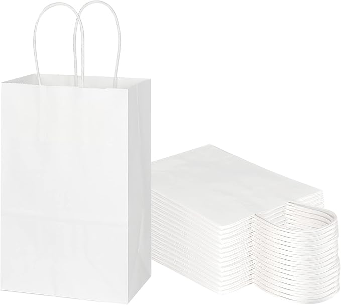 Toovip 50 Pack 5.25x3.25x8.25 Inch Small White Kraft Paper Bags with Handles Bulk, Gift Wrap Bags for Favor Grocery Retail Party Birthday Shopping Business Goody Craft Merchandise Take Out Cub Sacks
