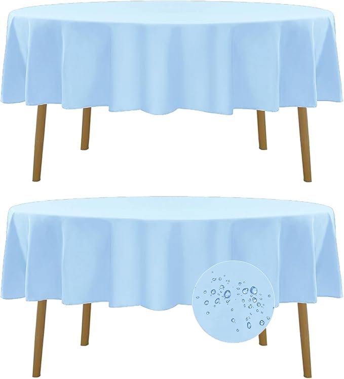 Fokitut 2 Pack Waterproof Round Tablecloth, 90 Inch, Stain Resistant and Wrinkle Polyester Table Cloth, Fabric Table Cover for Kitchen Dining, Wedding, Party, Holiday Dinner-Blue Mist