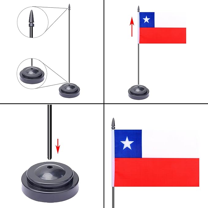 WXTWK 2 Pack Chile Flag Chile Deluxe Desk Flag Set - Mini Small Chilean Table Office Flags with Black 12" Solid Pole Stand Base Classroom Meeting Desktop Decorations