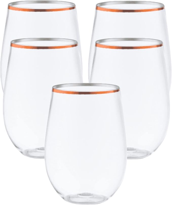 48 Pack 10 oz Small Plastic Stemless Wine Glasses with Rose Gold Rim – Disposable, Shatterproof, Crystal Clear Cups for Weddings, Parties, Events, and Toasts – Elegant & Reusable Drinkware