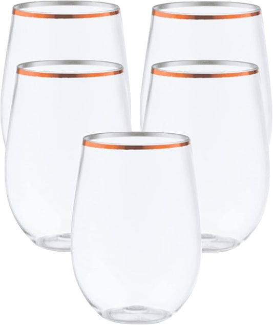 48 Pack 10 oz Small Plastic Stemless Wine Glasses with Rose Gold Rim – Disposable, Shatterproof, Crystal Clear Cups for Weddings, Parties, Events, and Toasts – Elegant & Reusable Drinkware