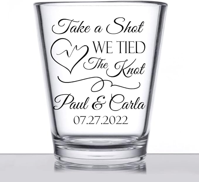 Personalized wedding shot glasses, take a shot we tied the knot, cute customizable wedding favors for guests, custom shot glasses, personalized wedding favors, wedding glasses