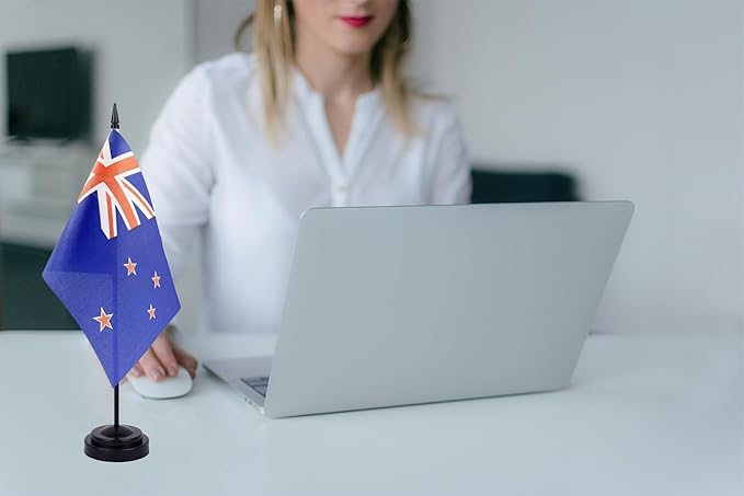 WXTWK 2 Pack New Zealand Flag New Zealand Deluxe Desk Flag Set - Mini Small New Zealand Table Office Flags with Black 12" Solid Pole Stand Base Classroom Meeting Desktop Decorations
