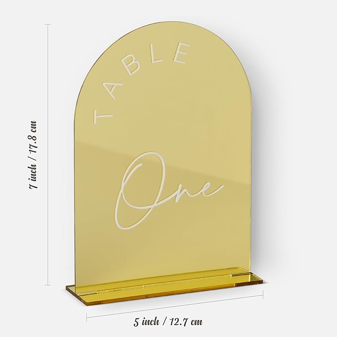 Gold Mirror Arched Wedding Table Numbers 1-15 with Stands, 5x7 Inch Acrylic Arch Sign with Holder, Gold Arch Acrylic Table Numbers for Wedding Reception(1-15, 5"x7")