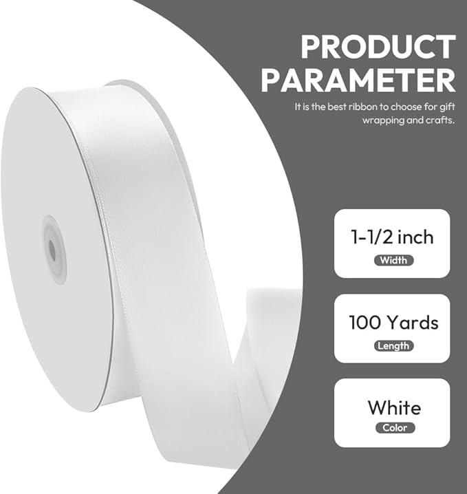 1-1/2" x 100 Yards Satin Ribbon - Wide Silk White Ribbon with Spool - Ideal for Gift Wrapping, Floral Bouquets, Crafts, Wedding Party Decorations, Christmas and Sewing Projects