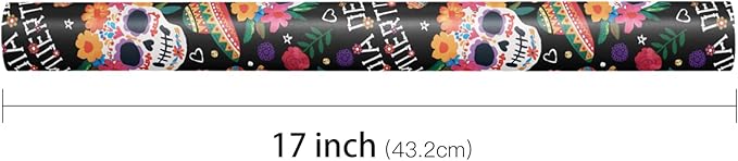 LeZakaa Day of the Dead Wrapping Paper Roll, Colorful Sugar Skulls Maracas Flowers Sombreros Design, Día de Muertos Gift Wrap in Black, Mini Roll 17 in x 16.4 Ft