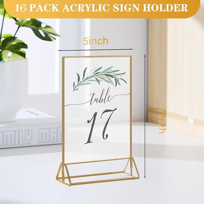 24 Pack Gold Acrylic Sign Holder, Picture Frames Wedding Double Sided Display Clear Sign Holders Stand Desktop Table Menu for Wedding Party Restaurant (5×7)
