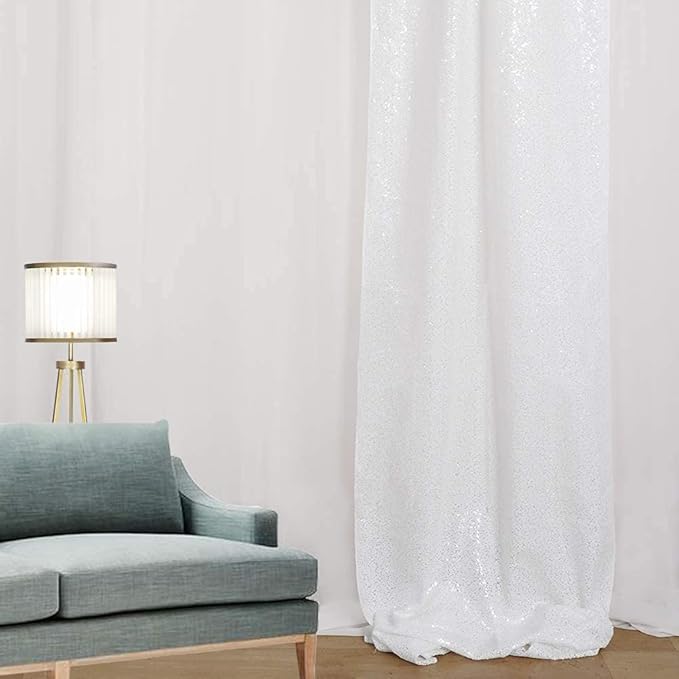 White Sequin Backdrop Curtains 1 Panel 8FTx8FT Glitter White Drapes Photo Backdrop Drapes Party Wedding Baby Shower Curtain Sparkle Photography Party Decor Background