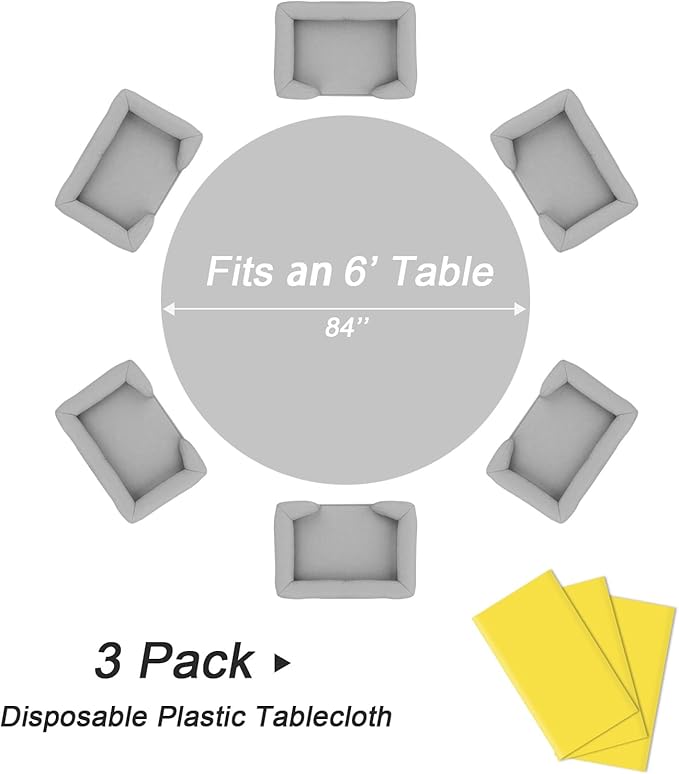 QIKSION Yellow Round Tablecloth 3 Pack, 84 Inch Plastic Table Cover Disposable for Parties