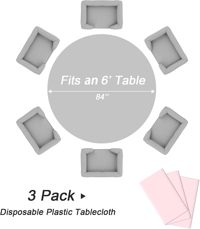QIKSION Pink Round Tablecloth 3 Pack, 84 Inch Plastic Table Cloth Disposable for Parties
