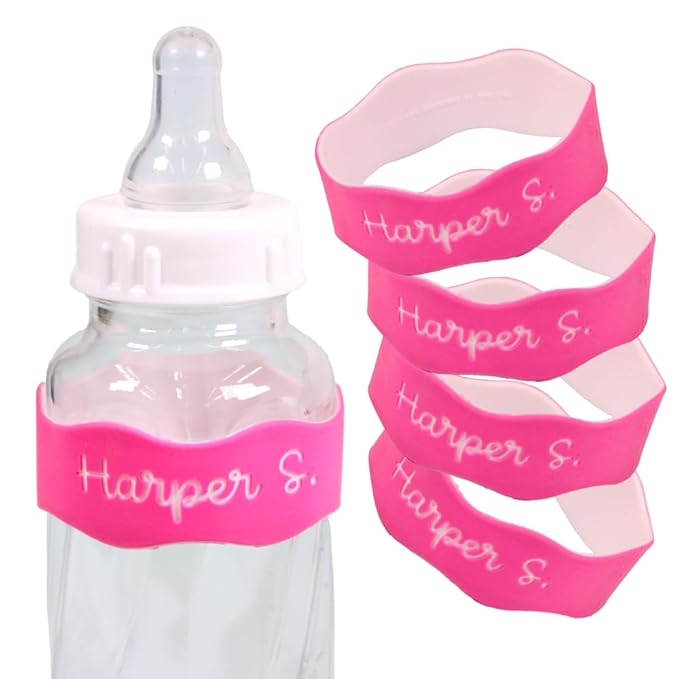 InchBug Orbit Labels - Baby Bottle Name Labels for Daycare, Sippy Cup Bands - Engraved Silicone, Reusable, Dishwasher Safe, White Contrasting Personalization, 4-Pack (Flamingo Pink)