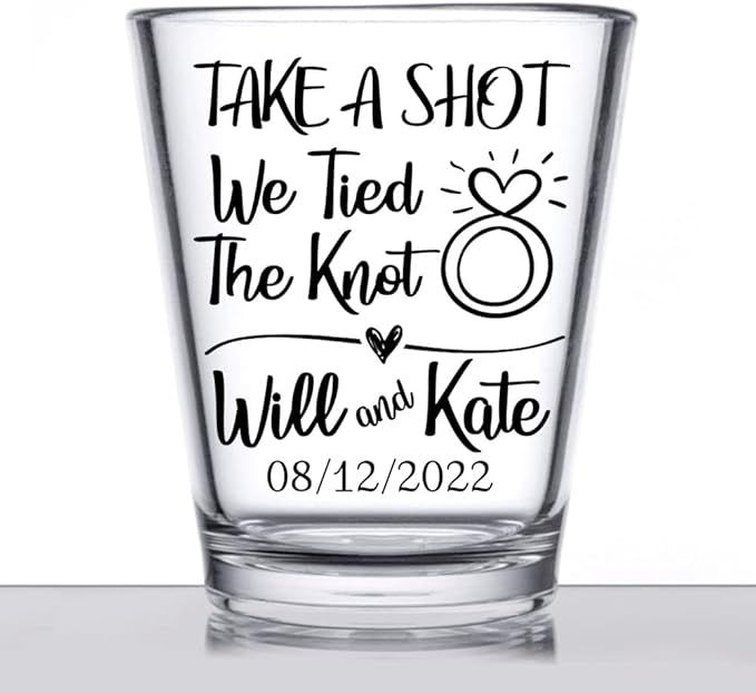 Personalized wedding shot glasses, take a shot we tied the knot, cute customizable wedding favors for guests, custom shot glasses, personalized wedding favors, wedding glasses