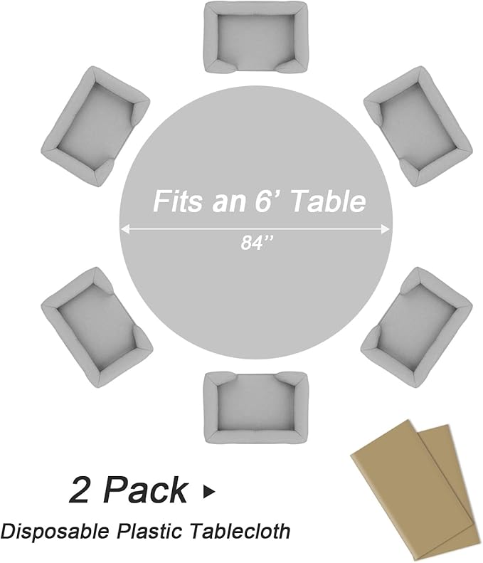 QIKSION Gold Round Tablecloth 2 Pack, 84 Inch Plastic Table Cover Disposable for Parties