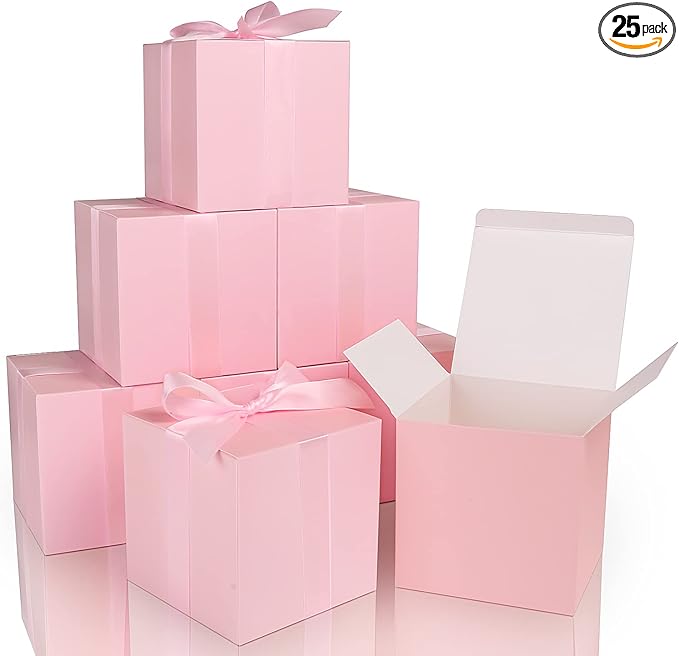 COTOPHER Small Gift Boxes 25 Pack 5x5x5 inches Pink Gift Boxes with Lids for Gifts, Crafting, Wedding Party Favor, Cupcake Boxes, Candy, Bridesmaids Proposal Box with Ribbons and Stickers