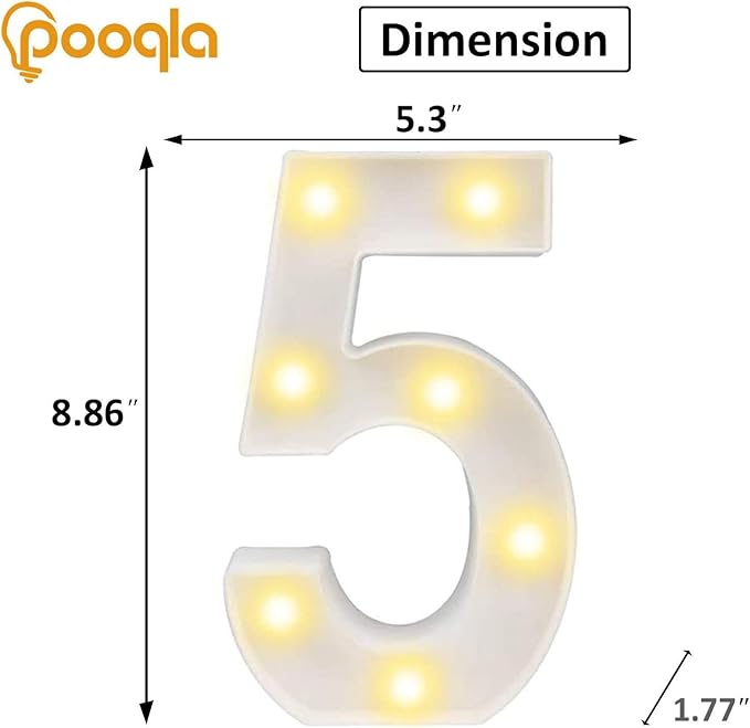 Pooqla LED Light Up Numbers, Warm White and Cool White Decorative Lighted Marquee Numbers, Light Up Numbers for Boys Girls Party, Wedding, Bar, Night Light, Room Decor, Birthday Decoration, Number 5