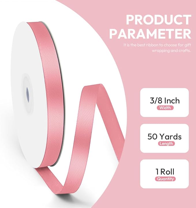 3/8" x 50 Yards Satin Ribbon - Pink Silk Ribbon with Spool - Ideal for Gift Wrapping, Floral Bouquets, Crafts, Wedding Party Decorations, Christmas and Sewing Projects